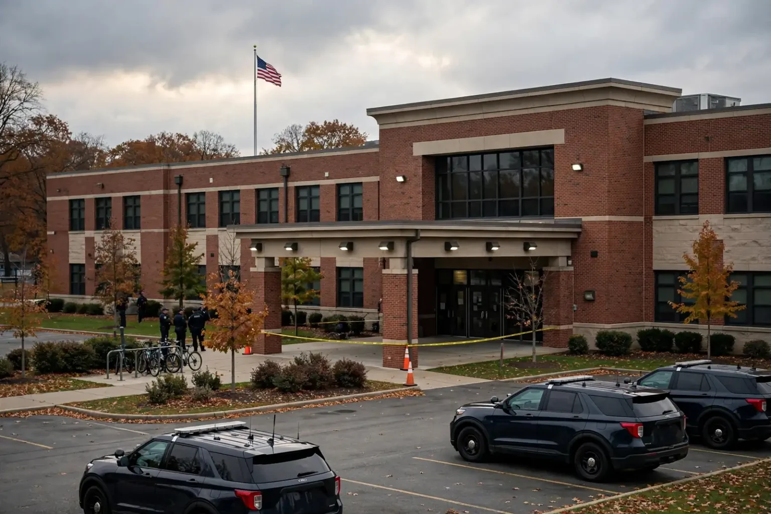 Exterior of a high school campus with an empty hallway entrance and a police patrol car parked nearby