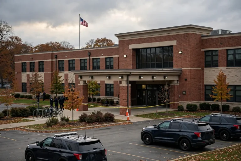 Exterior of a high school campus with an empty hallway entrance and a police patrol car parked nearby