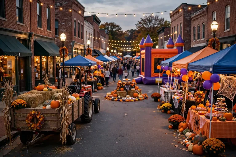 Downtown street closed to traffic with Halloween booths, pumpkins, a hay wagon and a bounce house at dusk, illustrating Foley Hometown Halloween