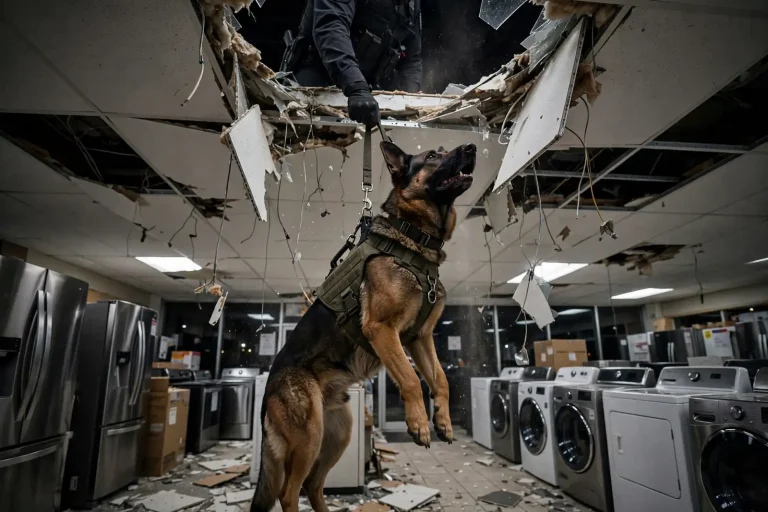 Illustration of a police K9 dog in a harness standing beside its uniformed handler, representing Foley K9 Vidar and Cpl. Mark Whorton
