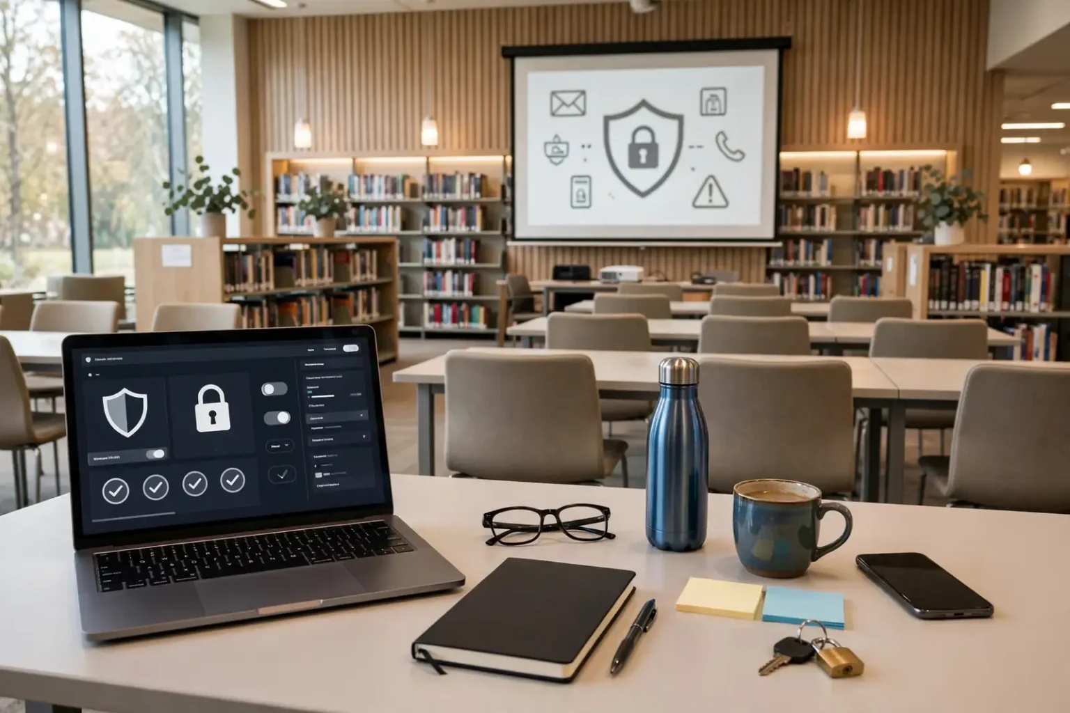 Adults seated with laptops and phones listening to an instructor during a library computer safety class