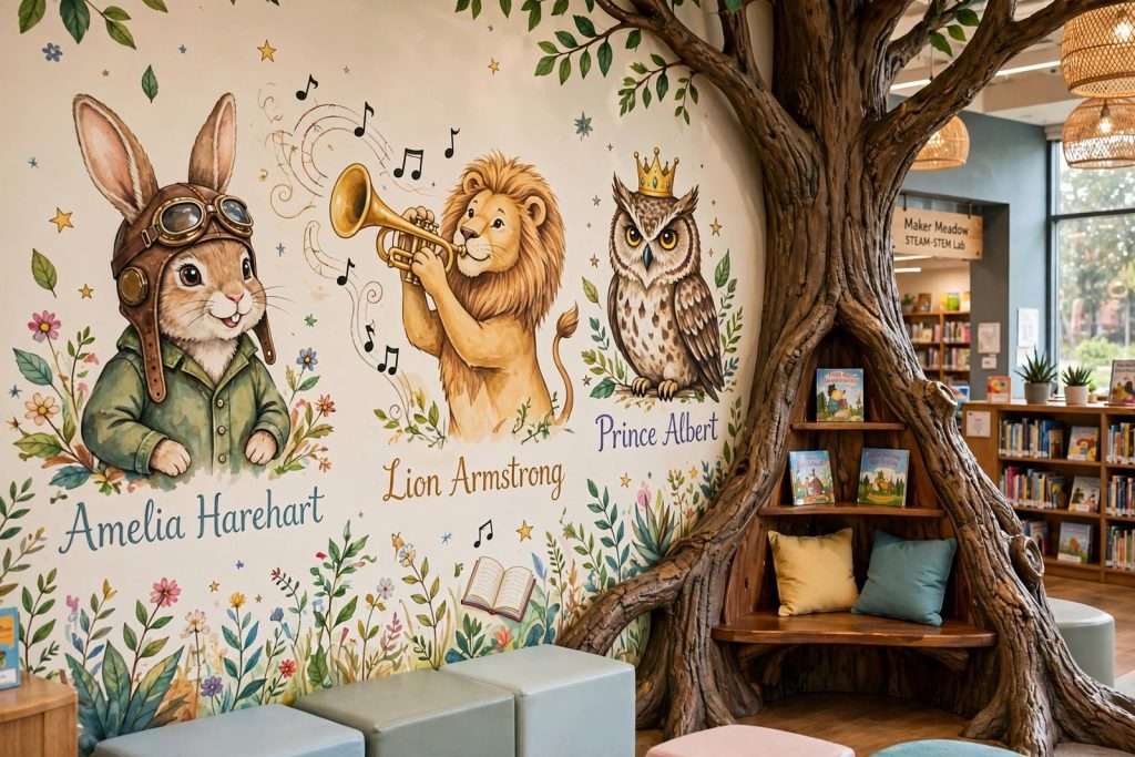 Illustration for the news story: Amelia Harehart and Lion Armstrong: Inside the Foley Library Murals by Alabama Artist Banks Compton