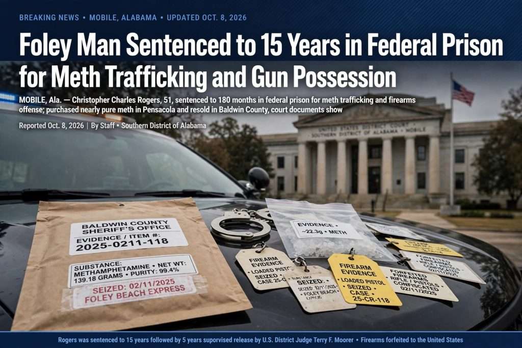 Illustration for the news story: Foley Man Sentenced to 15 Years in Federal Prison for Meth Trafficking and Gun Possession