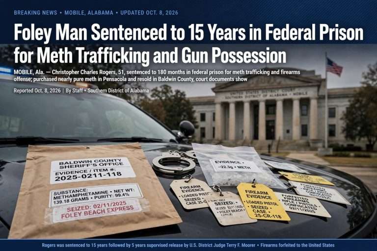 Illustration for the news story: Foley Man Sentenced to 15 Years in Federal Prison for Meth Trafficking and Gun Possession