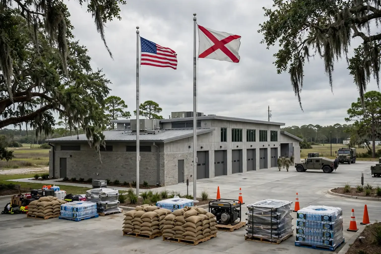 Historic brick National Guard armory building with a two-story front on a small-town street