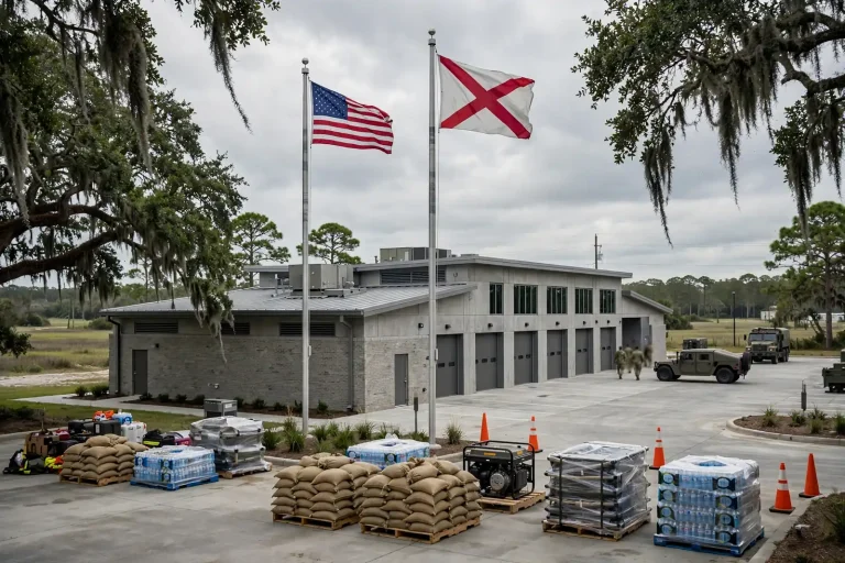 Historic brick National Guard armory building with a two-story front on a small-town street