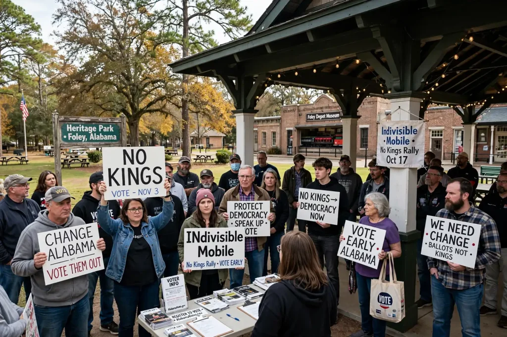 A small group of demonstrators holding hand-lettered signs in a grassy downtown park with a pavilion and trees