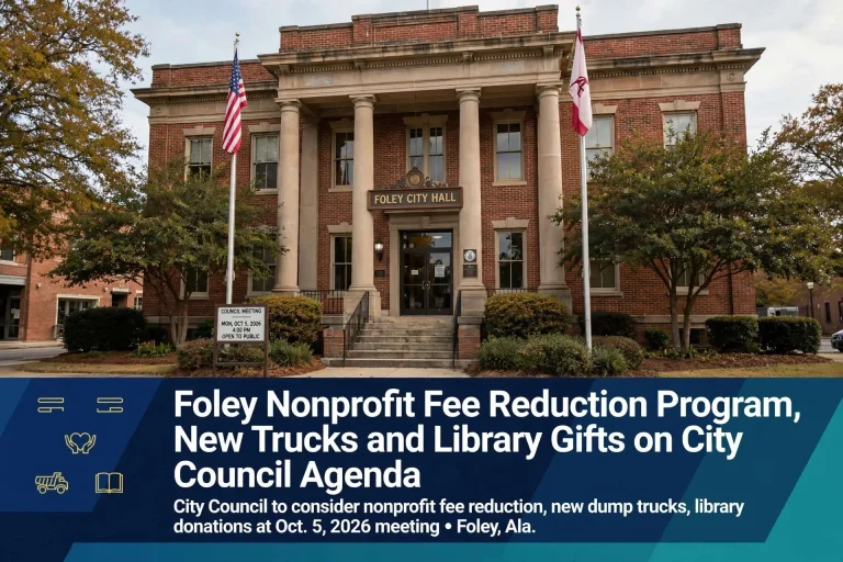Brick city hall building with flags and a council meeting sign, with headline about Foley nonprofit fee reduction agenda
