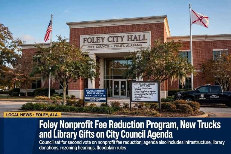 Illustration for the news story: Foley Nonprofit Fee Reduction Program, New Trucks and Library Gifts on City Council Agenda