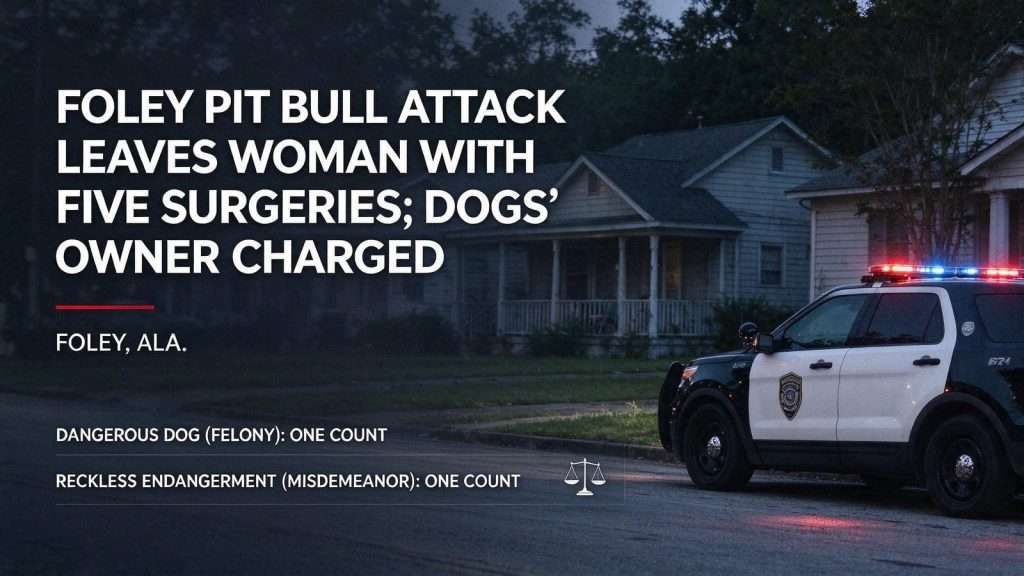 Illustration for the news story: Foley Pit Bull Attack Leaves Woman With Five Surgeries; Dogs’ Owner Charged