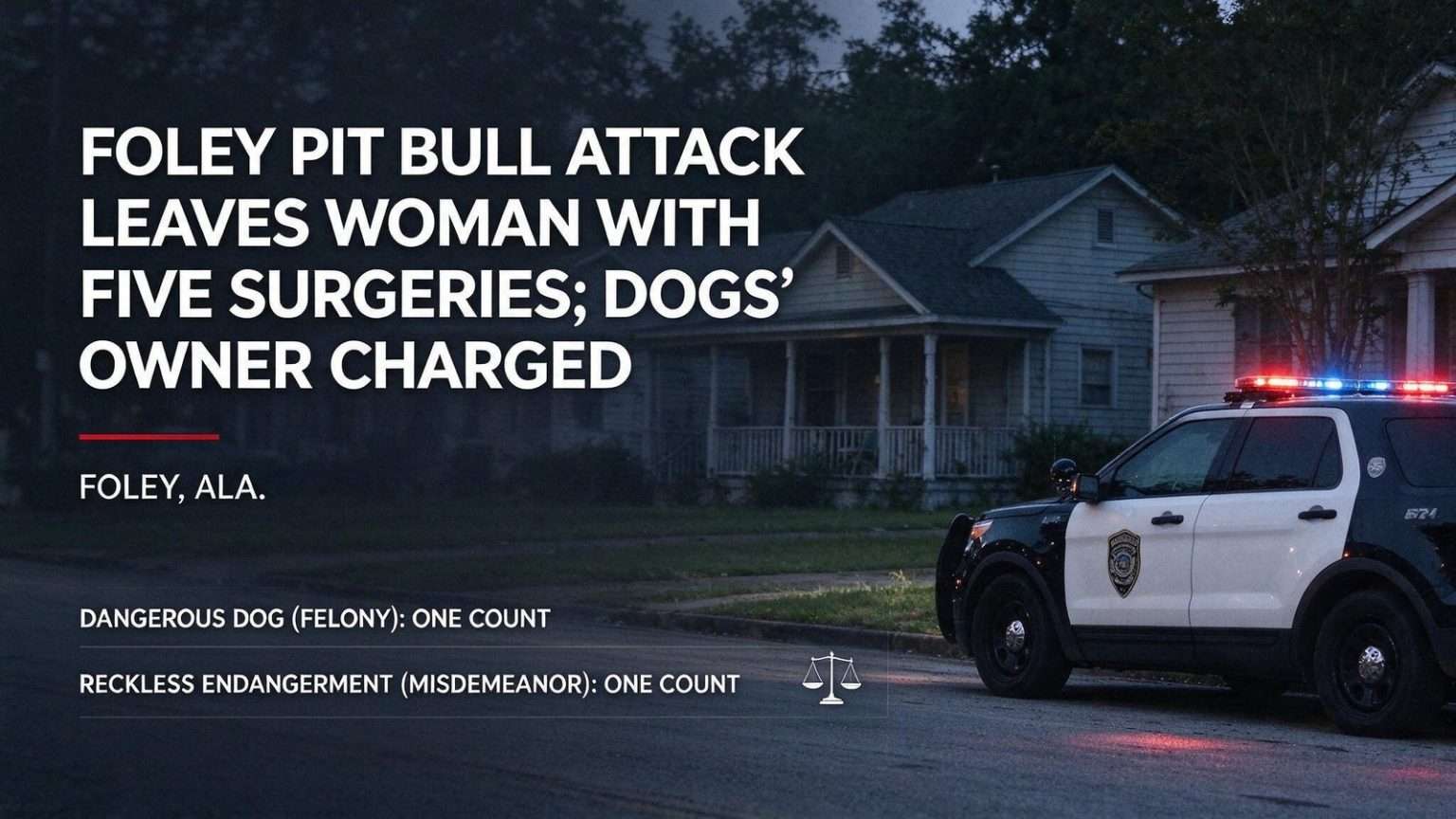 Illustration for the news story: Foley Pit Bull Attack Leaves Woman With Five Surgeries; Dogs’ Owner Charged