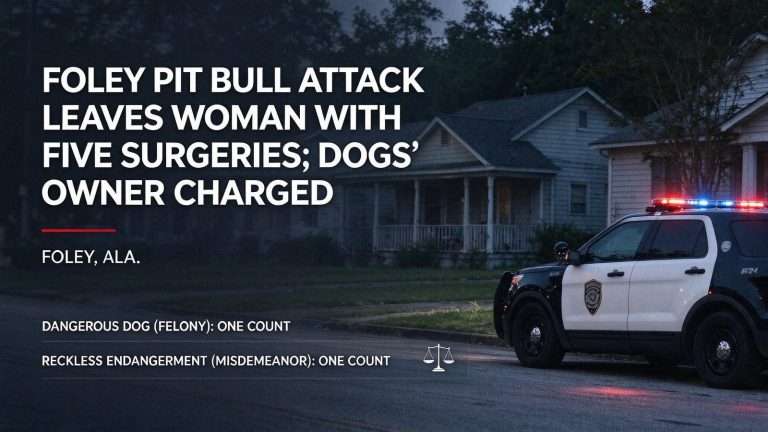 Illustration for the news story: Foley Pit Bull Attack Leaves Woman With Five Surgeries; Dogs’ Owner Charged
