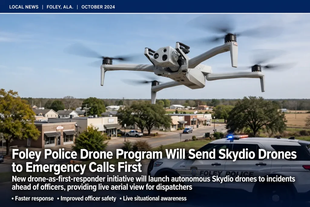 Drone flying over a Foley, Alabama neighborhood with a water tower and a police SUV below