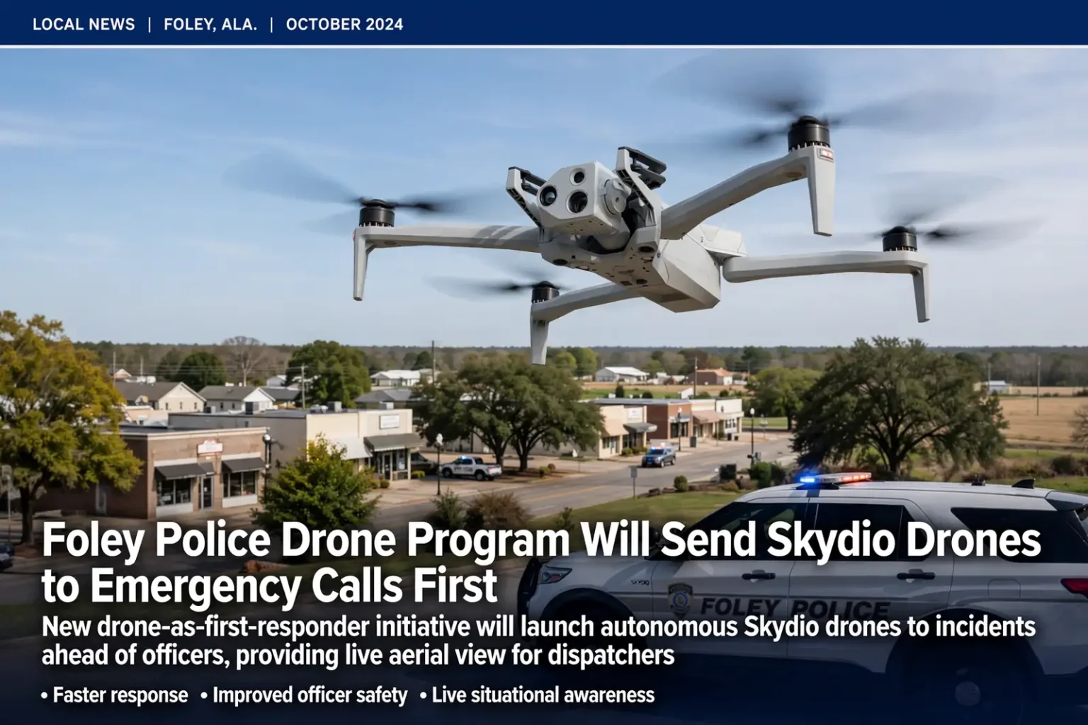Drone flying over a Foley, Alabama neighborhood with a water tower and a police SUV below