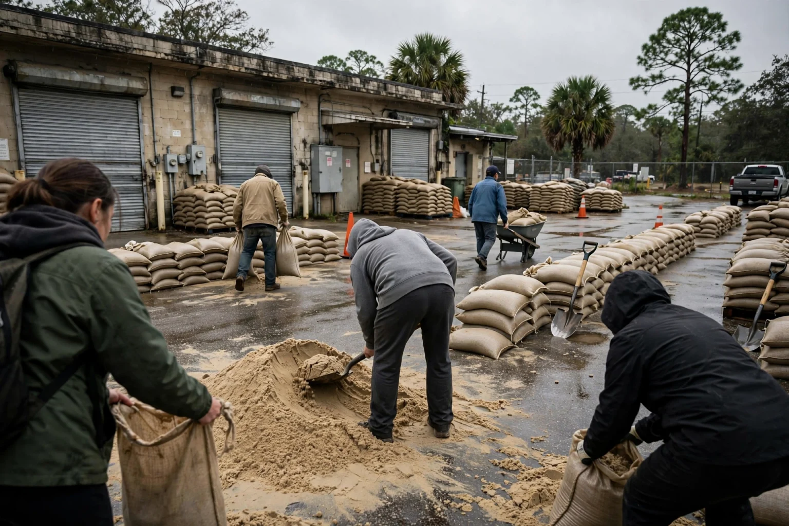 Residents using shovels to fill sandbags from a pile of sand at a city work yard in Foley, Alabama