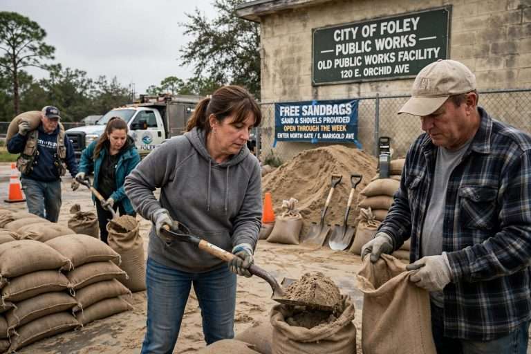 Illustration for the news story: Foley Residents Fill Free Sandbags as Tropical Depression Nine Threatens More Flooding