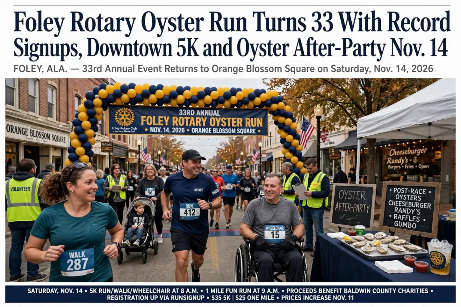 Runners and walkers in a 5K road race on a small-town downtown street lined with storefronts in Foley, Alabama