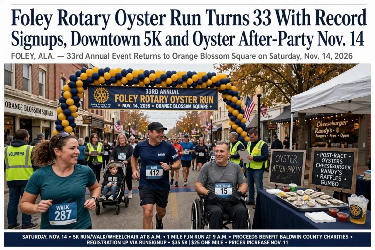 Runners and walkers in a 5K road race on a small-town downtown street lined with storefronts in Foley, Alabama