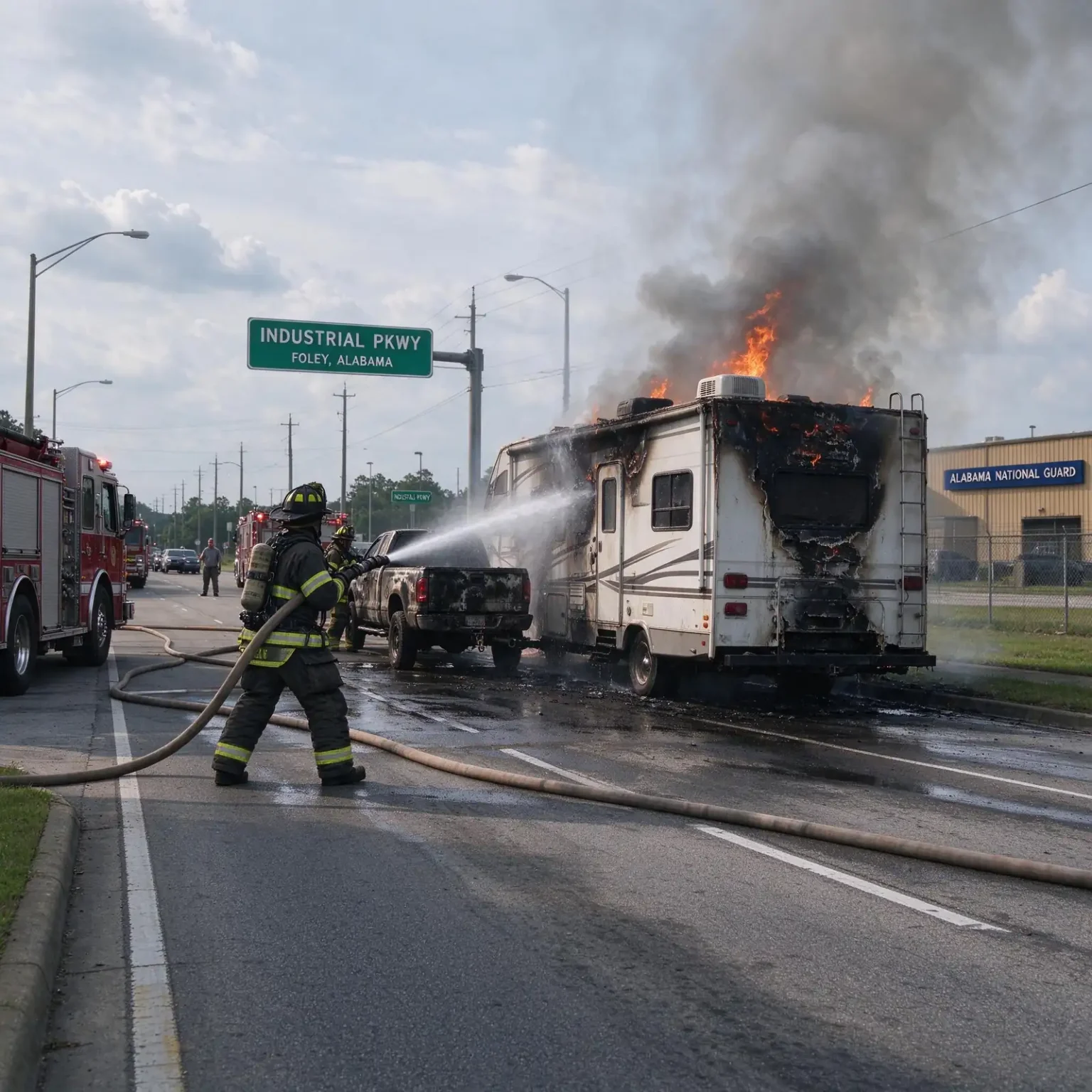 Firefighters spraying water on a burning recreational vehicle hitched to a pickup truck on a roadside