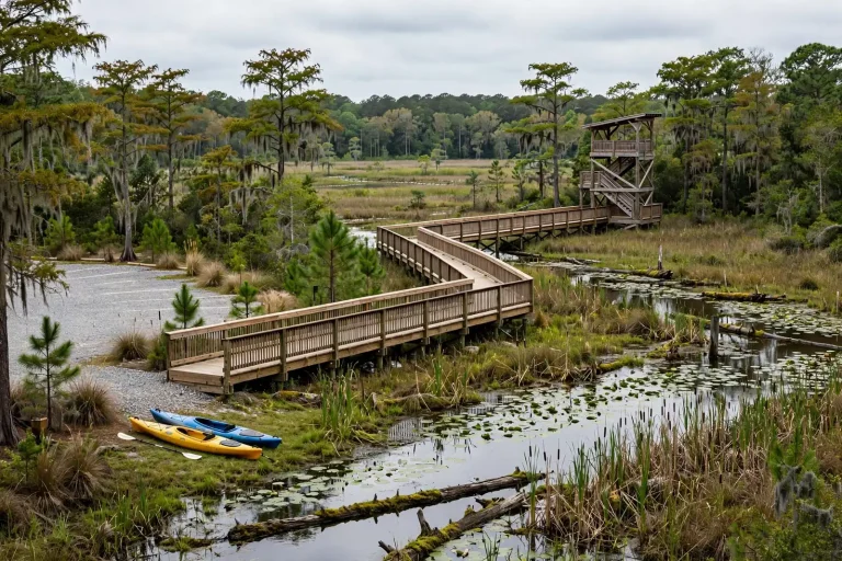 A wooden elevated boardwalk winding through coastal wetlands toward a creek in south Alabama