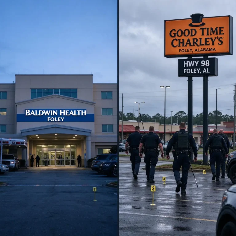 Patrol vehicle and crime scene tape in a nighttime bar parking lot along a highway in Foley, Alabama