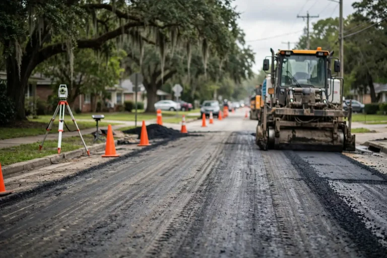 Workers paving a city street with an asphalt paver, traffic cones and a flagger directing vehicles