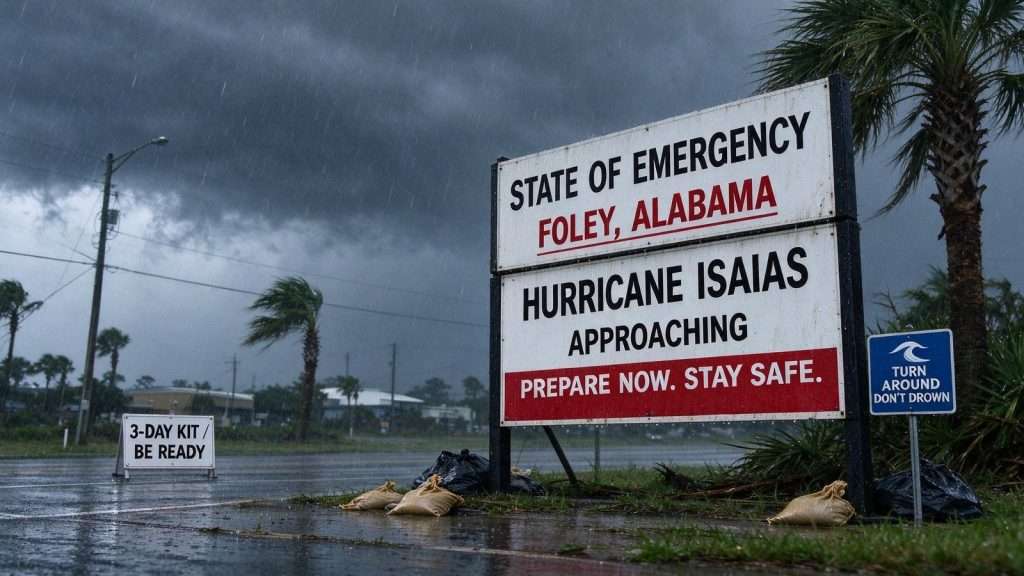 Illustration for the news story: Foley State of Emergency: Shelters, Closures and Free Sand as Hurricane Isaias Nears