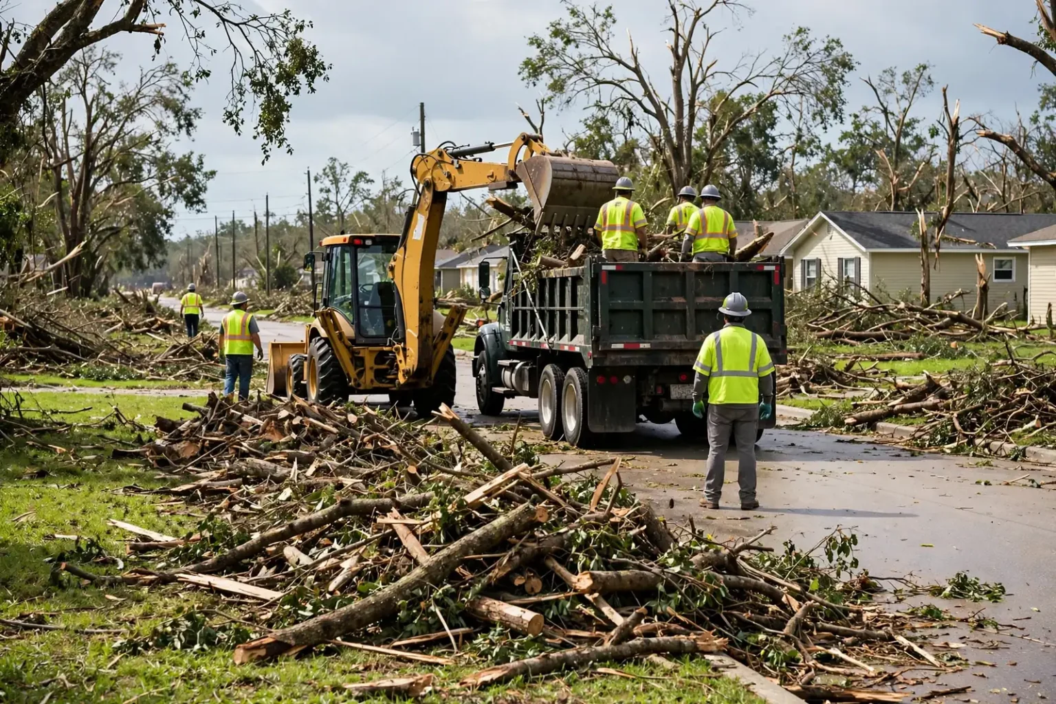 Fallen tree limbs piled along a residential street after a hurricane