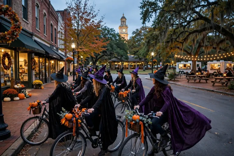 Women in black and purple witch hats and capes gather on a decorated downtown street near a clock tower and food trucks, illustrating the Foley Witches Ride