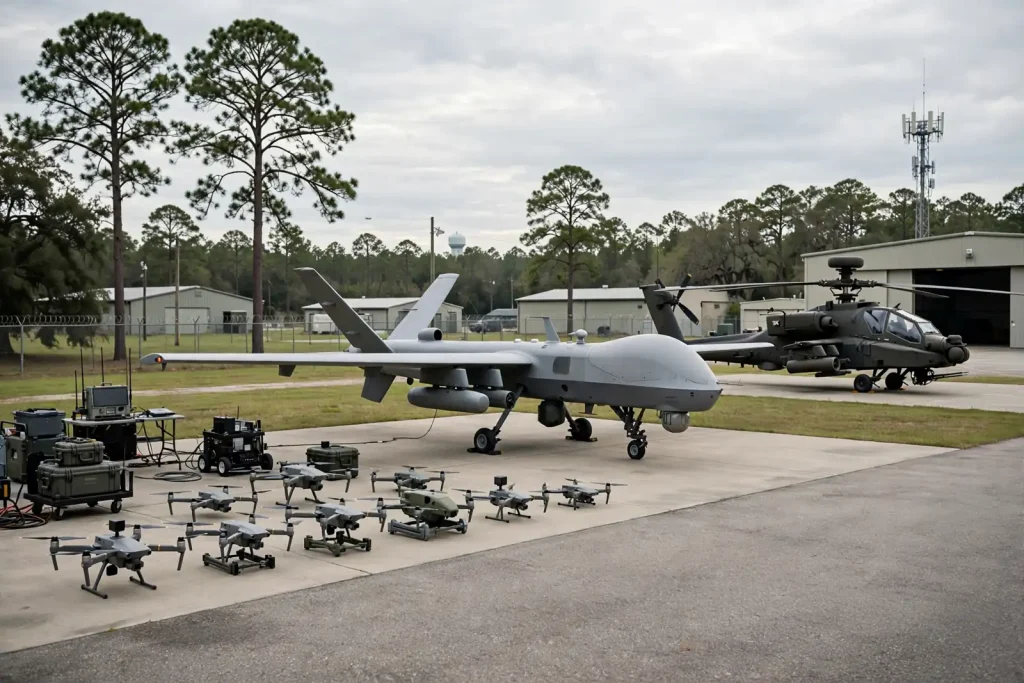 Unmanned aircraft and small drones lined up on an airfield apron beside an attack helicopter, representing the Fort Rucker autonomy mission