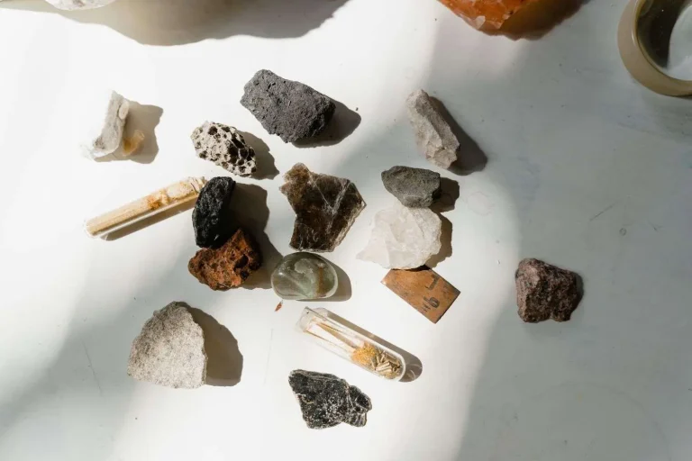Assorted rock, mineral and fossil specimens, including small stones, crystals and sample vials, arranged on a table.