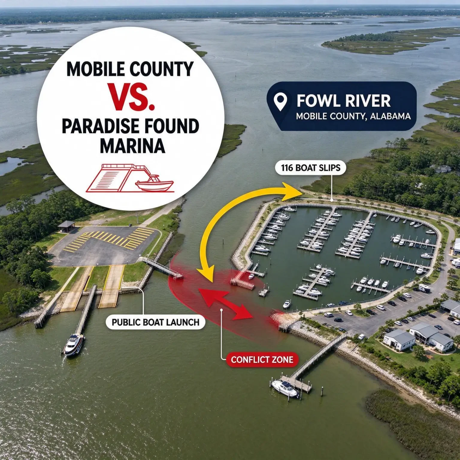 Illustrated aerial graphic of a public boat launch beside a marina with boat slips on Fowl River, with a highlighted conflict zone between them