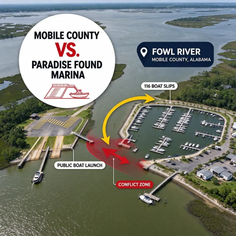 Illustrated aerial graphic of a public boat launch beside a marina with boat slips on Fowl River, with a highlighted conflict zone between them