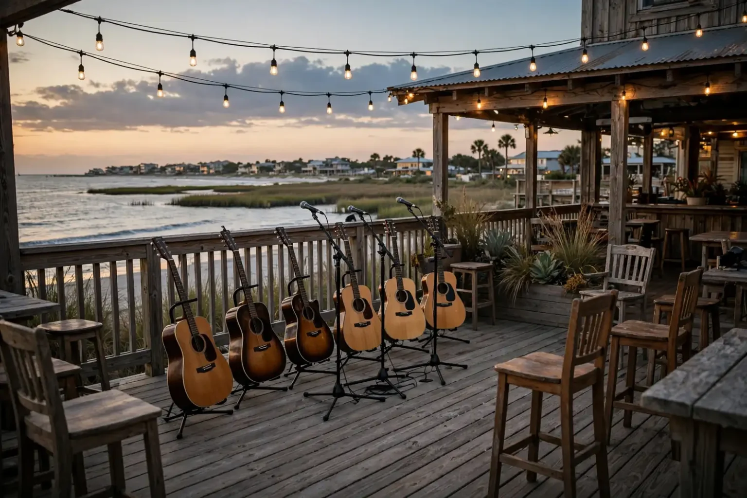 Row of acoustic guitars and microphones on a waterfront deck at dusk, set for a Frank Brown Festival songwriter round