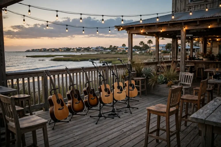 Row of acoustic guitars and microphones on a waterfront deck at dusk, set for a Frank Brown Festival songwriter round