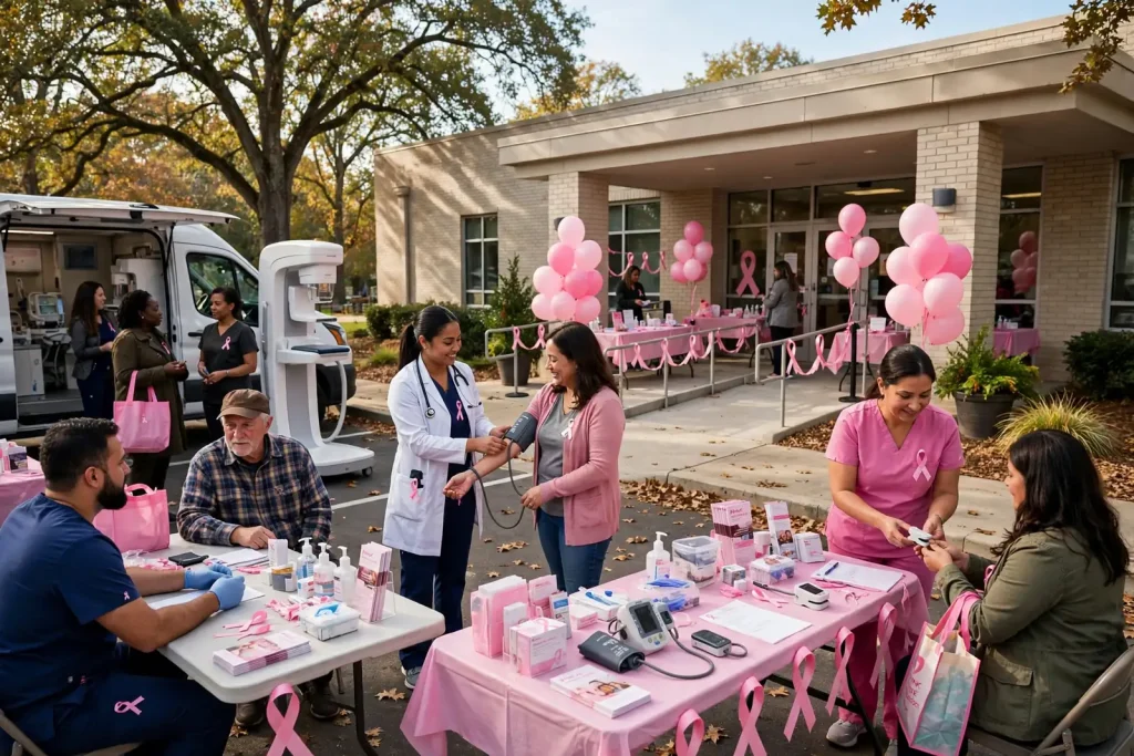 Pink breast cancer awareness ribbon pinned to a health worker's lab coat