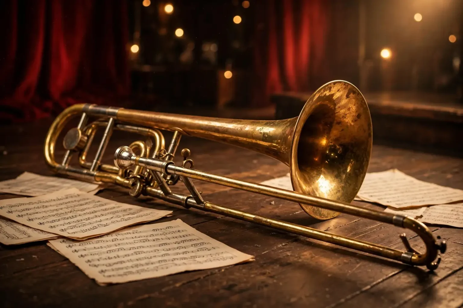 A vintage trombone resting on a dimly lit jazz club stage beside sheet music