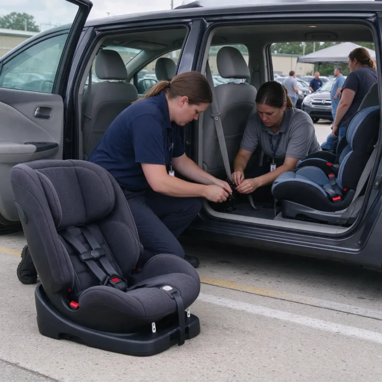 Technician installing a child seat during a free car seat check in Mobile