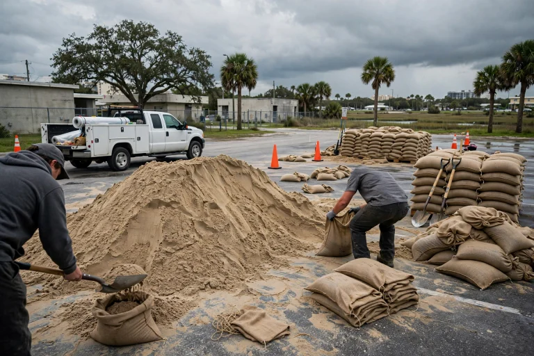 Residents shoveling sand into bags from a large sand pile at a city sandbag distribution site