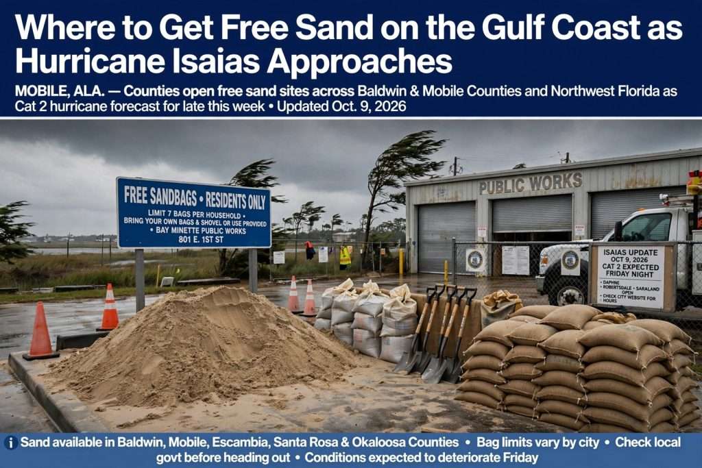 Illustration for the news story: Where to Get Free Sand on the Gulf Coast as Hurricane Isaias Approaches