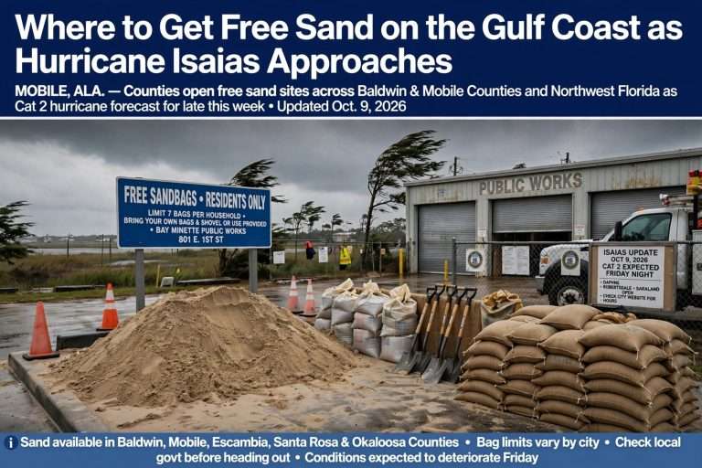 Illustration for the news story: Where to Get Free Sand on the Gulf Coast as Hurricane Isaias Approaches