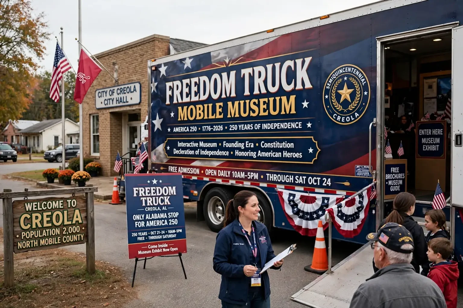 Freedom Truck mobile museum parked in Creola, Alabama, for the America 250 celebration