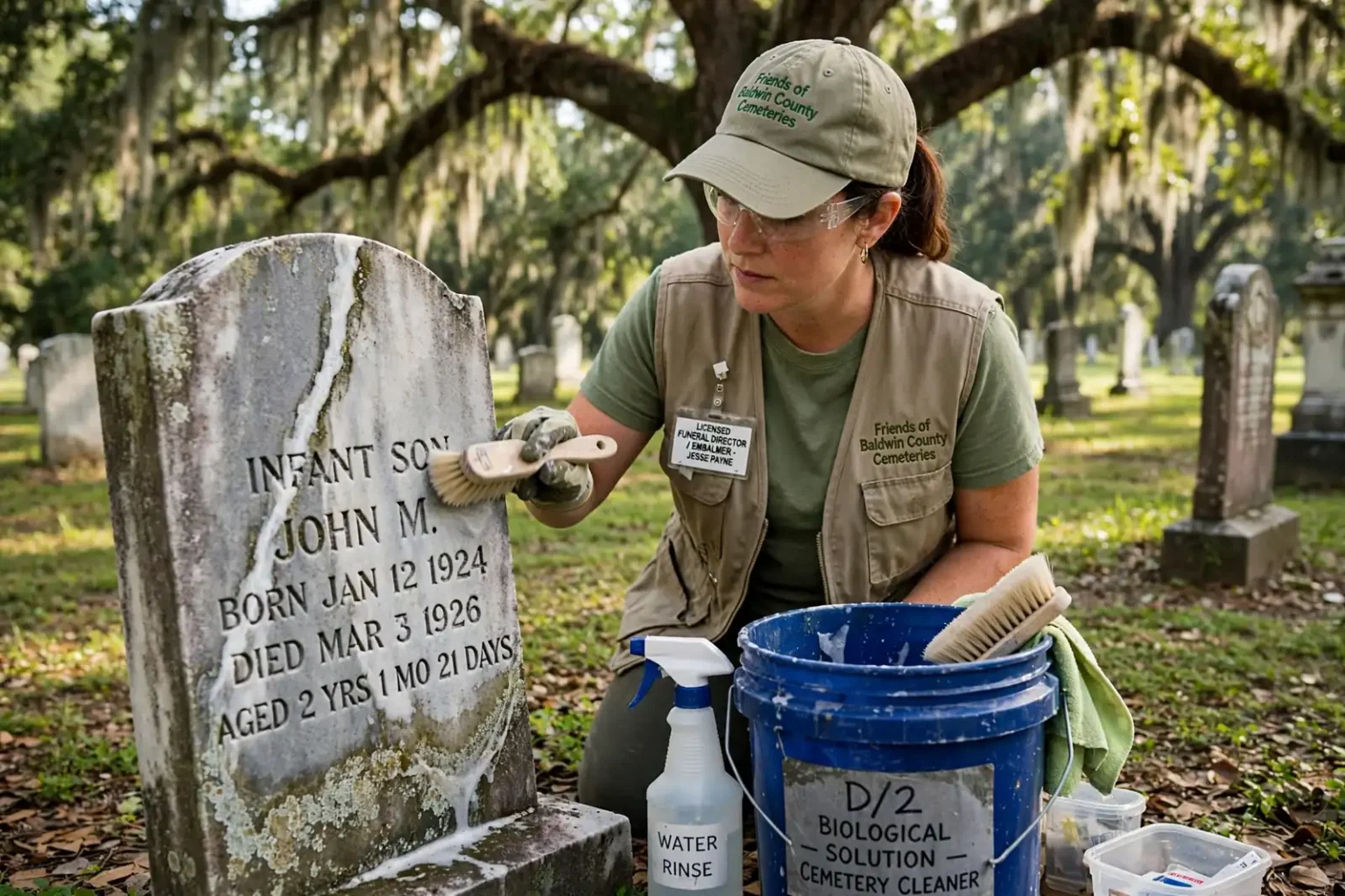 Old marble headstones under live oak trees in a historic Baldwin County cemetery