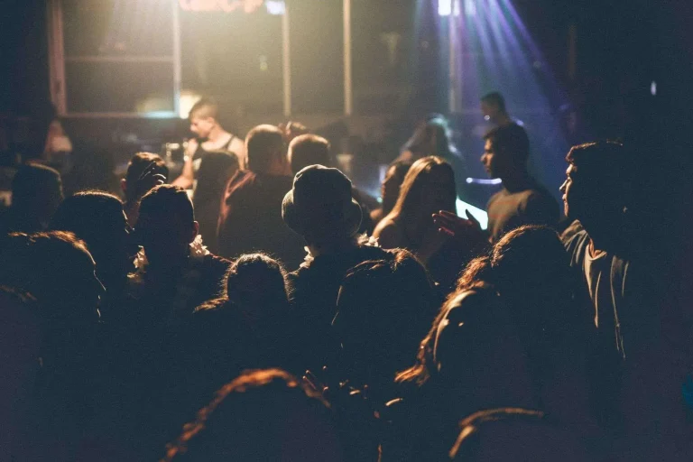 Dark, tightly packed crowd facing a lit stage in an indoor music venue