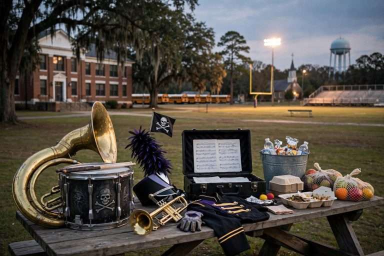 High school marching band in uniforms performing on a rural football field under stadium lights on a fall evening
