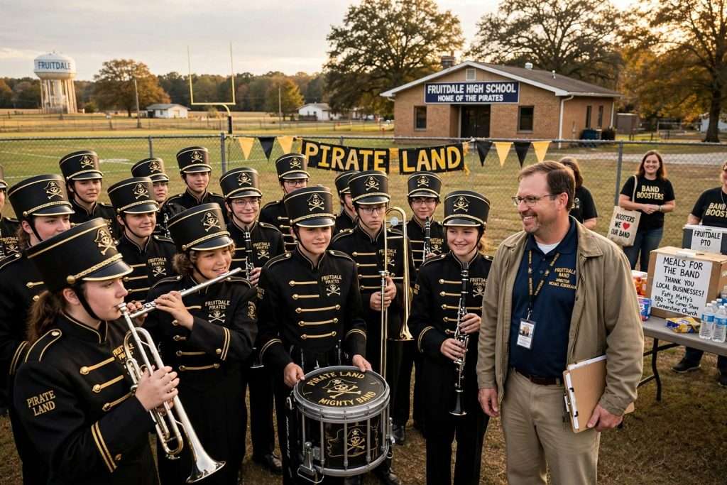 Illustration for the news story: Fruitdale High School Marching Band Thrives as Washington County Community Rallies Behind ‘Pirate Land’ Program