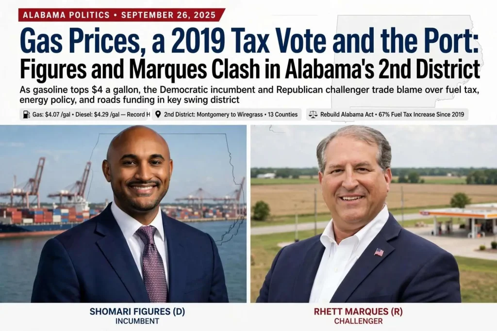 Illustration for the news story: Gas Prices, a 2019 Tax Vote and the Port: Figures and Marques Clash in Alabama’s 2nd District