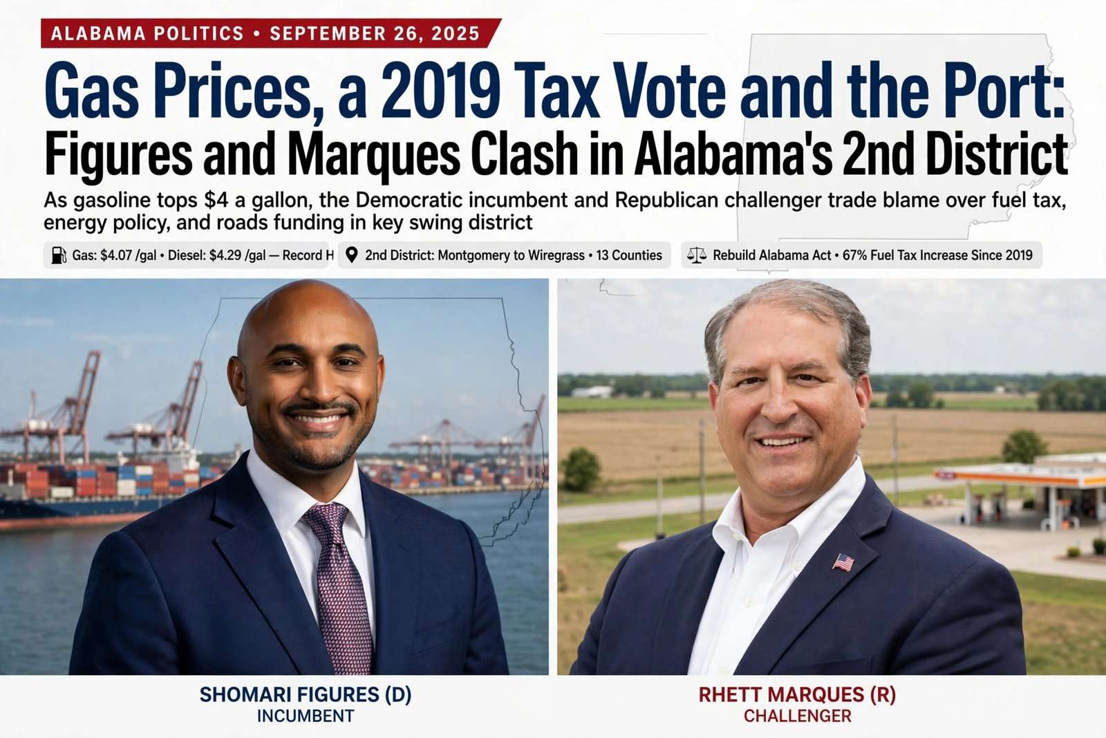 Illustration for the news story: Gas Prices, a 2019 Tax Vote and the Port: Figures and Marques Clash in Alabama’s 2nd District
