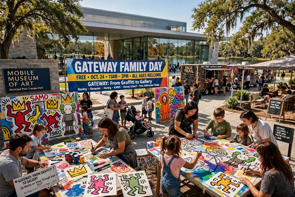 Parents and children looking at colorful street-art-style paintings in a museum gallery