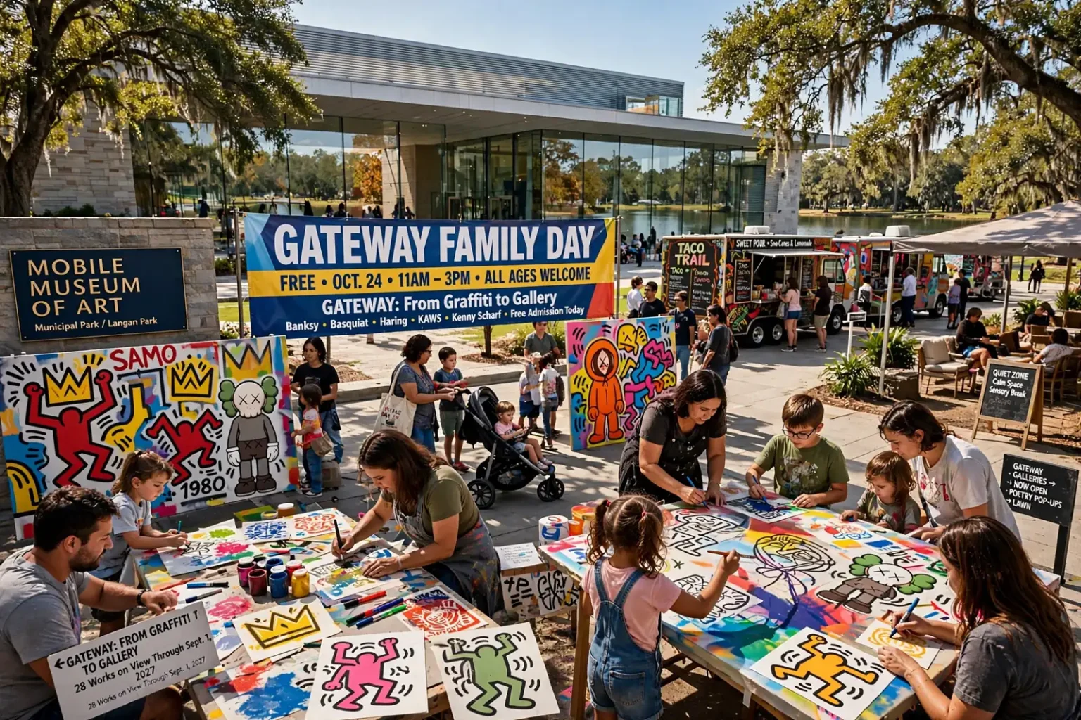 Parents and children looking at colorful street-art-style paintings in a museum gallery